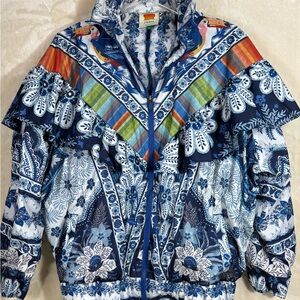 Farm Rio Women’s Blue Palms Art to Wear Ruffled Windbreaker jacket Size XS